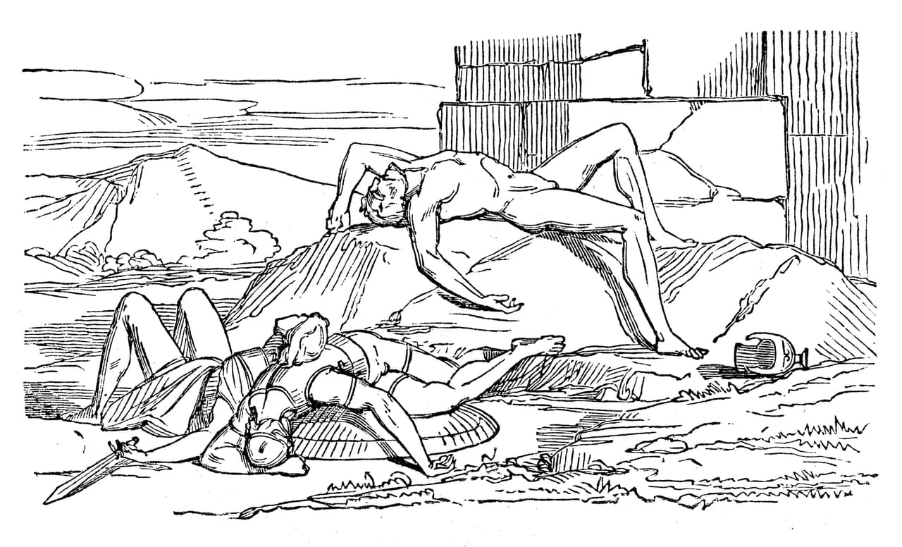 Ilustración antigua de figuras mitológicas griegas.