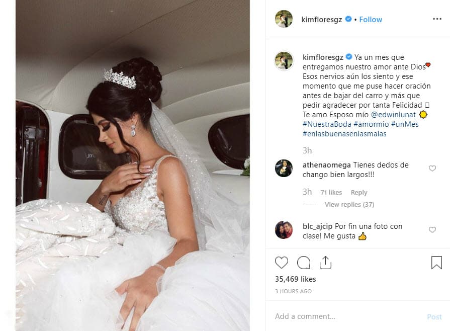 "Ya un mes que entregamos nuestro amor ante Dios. Esos nervios aún los siento y ese momento que me puse hacer oración antes de bajar del carro y más que pedir agradecer por tanta felicidad. Te amo esposo mío Edwin Luna".
<br>