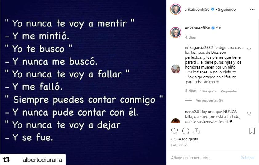El jueves 16 de mayo, la actriz 
<b><a href="https://www.instagram.com/p/Bxgb3BcDdgC/?igshid=ylqf2fhm8kyb" target="_blank">compartió esta publicación</a></b> en su cuenta de Instagram sobre 
<b>promesas no cumplidas y abandono</b>, lo que generó que algunos de sus seguidores pensaran que era un mensaje para el papá de Nicolás.