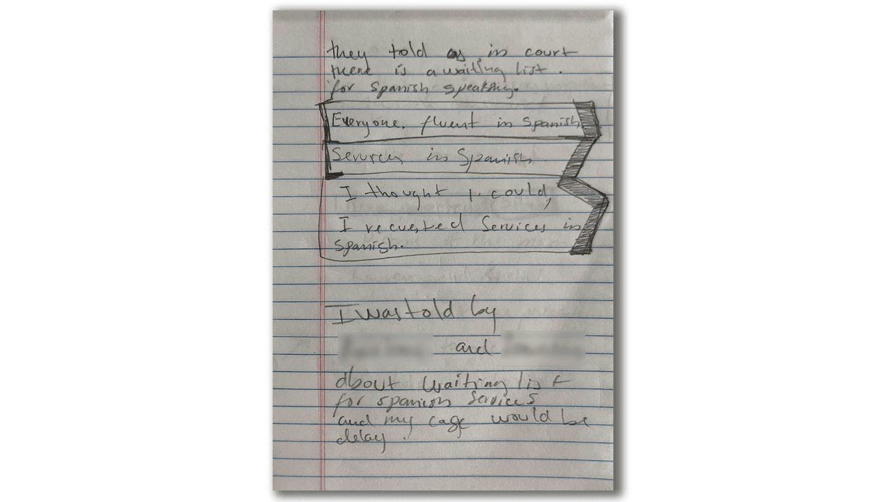 En este cuaderno (sin fecha), Jorge Matías anotó que había pedido servicios en español. “Me dijeron [las administradoras del caso] que había una lista de espera para servicios en español y que mi caso se retrasaría”.