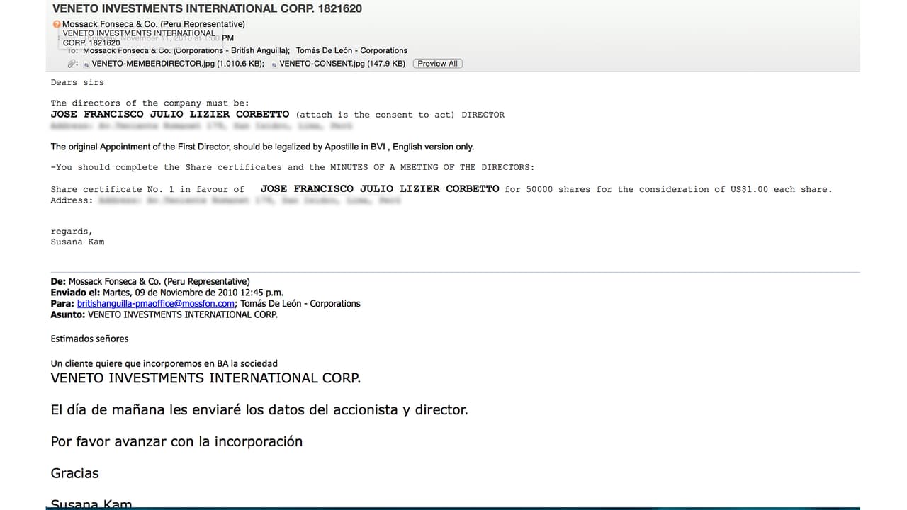 Mossack Fonseca constituyó en 2010 la empresa offshore Veneto Investments International Corp., en la cual José Lizier Corbetto figura como director.