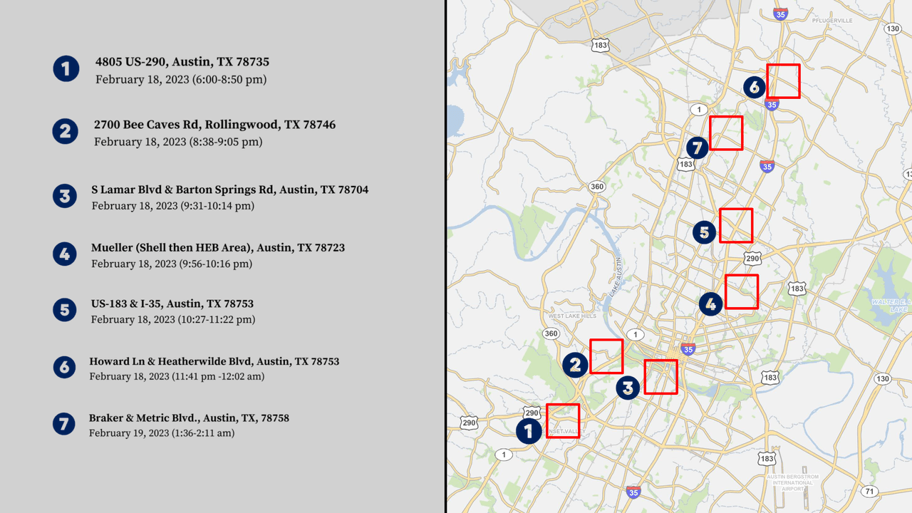 Mapa con fechas y horas donde sucedieron los siete incidentes el 18 de febrero de 2023.