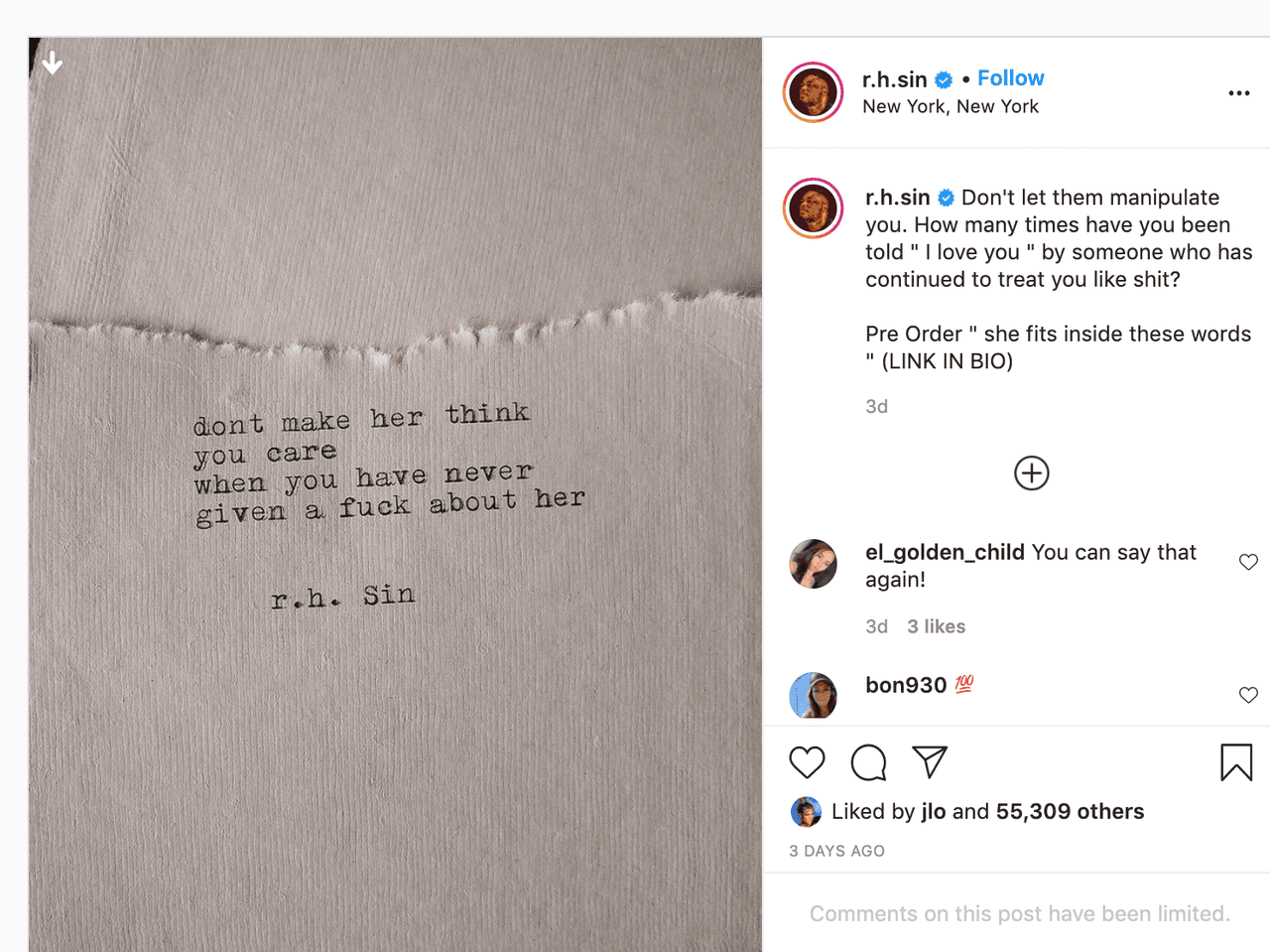 La cantante dio 'Me gusta' a la publicación del escritor r.h. Sin en Instagram. El texto en cuestión parece tener que ver con su actual situación sentimental: "
<b><a href="https://www.instagram.com/p/CNtDRx1pYT4/" target="_blank">No le hagas pensar que te preocupas cuando nunca te ha importado un carajo"</a></b>, dice el texto de la imagen que fue compartida el 15 de abril.
<br>