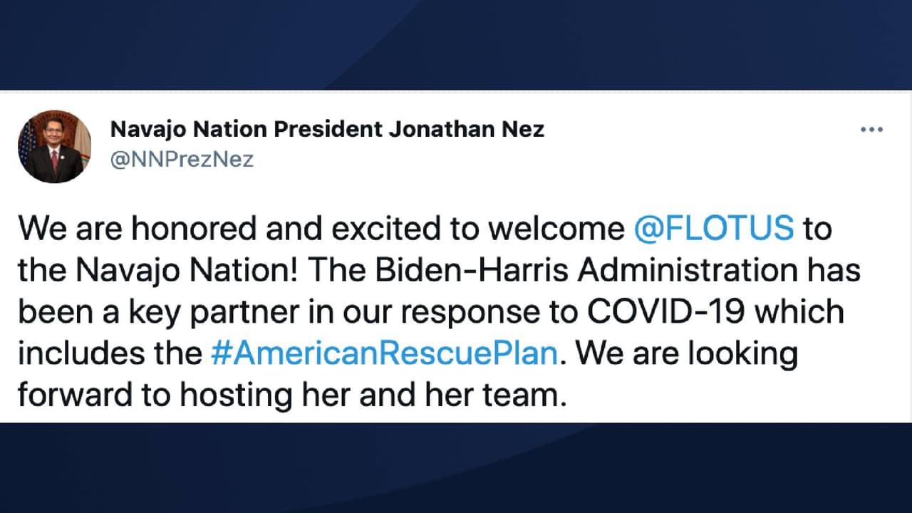 “¡Nos sentimos honrados y emocionados de dar la bienvenida a la primera dama a la Nación Navajo! La Administración Biden-Harris ha sido un socio clave en nuestra respuesta al COVID-19, que incluye
<i>el Plan de Rescate Estadounidense</i>. Esperamos recibirla a ella y a su equipo”, publicó el
<a href="https://twitter.com/NNPrezNez/status/1383485816924557314" target="_blank">presidente de la Nación Navajo, Jonathan Nez, </a>e n twitter.
<br>