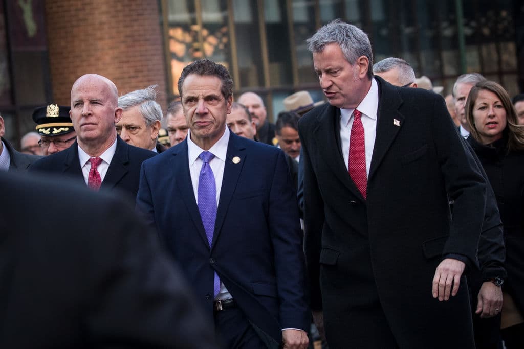 NEW YORK, NY - DECEMBER 11: (L to R) New York City Police Commissioner James O'Neill, New York Governor Andrew Cuomo and New York City Mayor Bill de Blasio arrive for a press briefing outside the New York Port Authority Bus Terminal, December 11, 2017 in New York City. The Police Department said that one person was in custody for an attempted terror attack after an explosion in a passageway linking the Port Authority Bus Terminal with the subway. (Photo by Drew Angerer/Getty Images)
