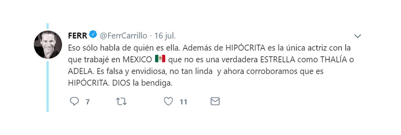 Fue en ese momento cuando Carrillo explotó y aseguró que Laura Flores "no es una verdadera estrella", comparándola con actrices como Adela Noriega y Thalía, con quienes también protagonizó melodramas.