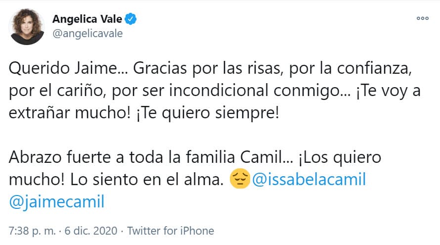 Angélica Vale, amiga cercana del histrión, le envió sus condolencias por el fallecimiento de su progenitor a través de un mensaje en Twitter.
<br>