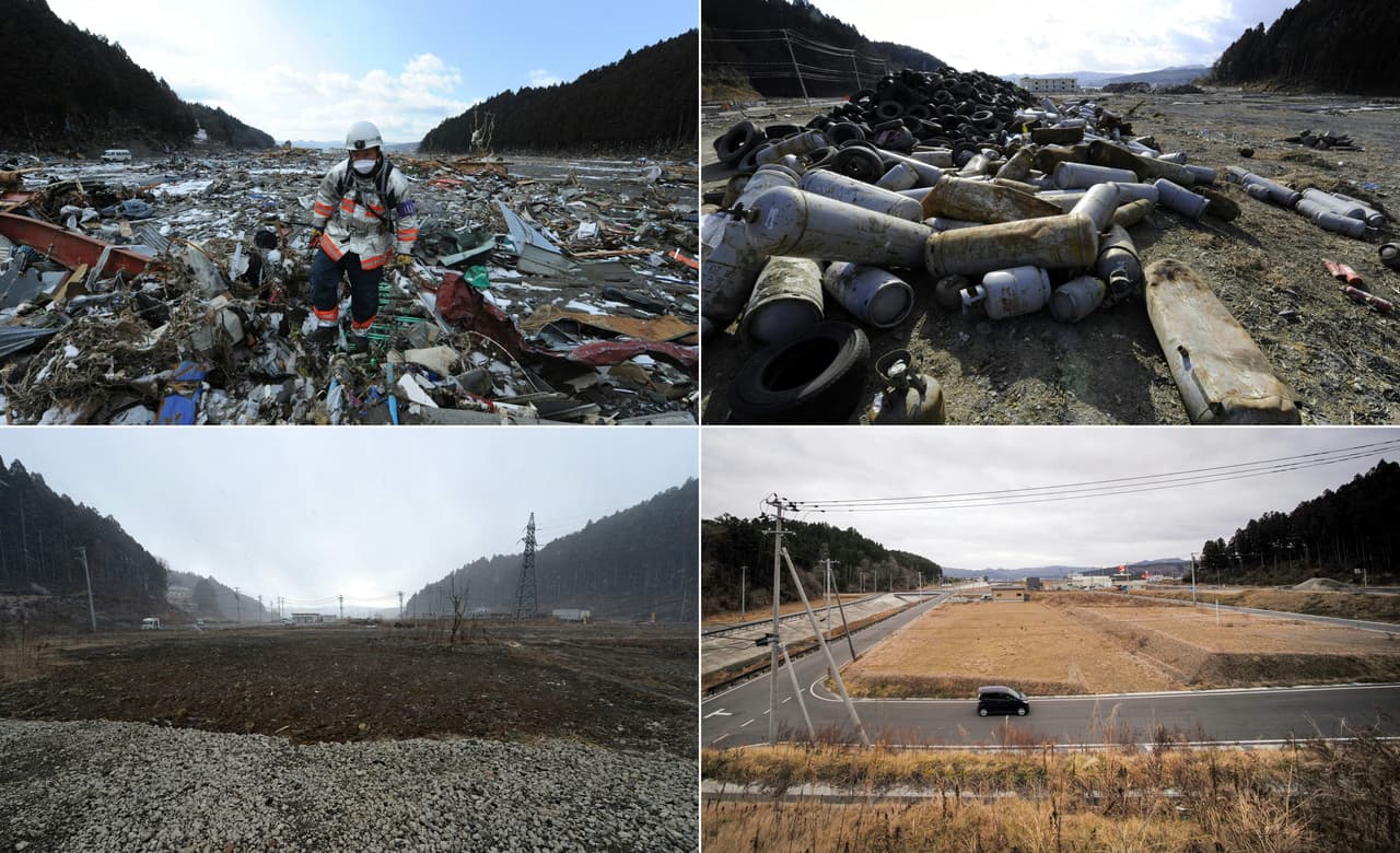 Minamisanriku, prefectura Miyagi. Arriba y a la izquierda, 18 de marzo de 2011; arriba a la deracha en enero de 2012; abajo a la izquierda en febrero de 2012 y abajo a la derecha el 26 de enero de 2021.