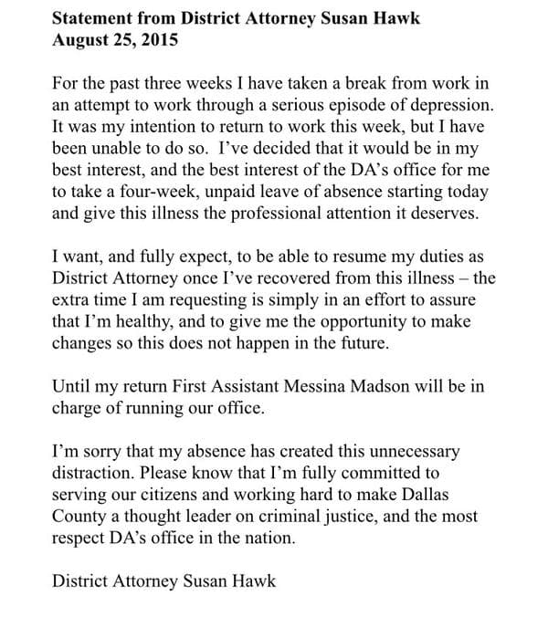 Comunicado de Susan Hawk