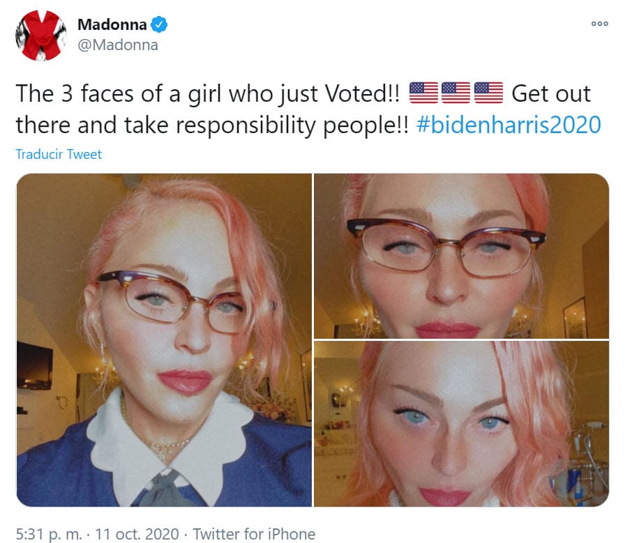 <b><a href="https://www.univision.com/famosos/son-menores-que-madonna-los-padres-del-nuevo-novio-de-la-cantante-aprueban-la-relacion-fotos" target="_blank">Madonna</a></b> publicó estas fotos en Twitter con las que dio a conocer que votó desde el pasado 11 de octubre. "
<b><a href="https://twitter.com/Madonna/status/1315419877822410753" target="_blank">Las 3 caras de una chica que acaba de votar</a></b> ¡Salgan y asuman la responsabilidad gente!"