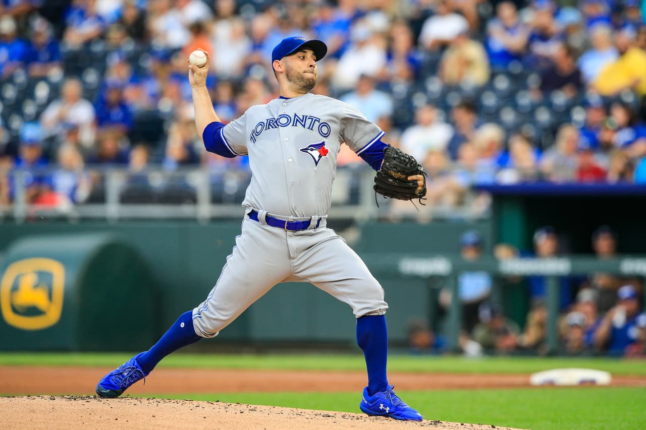 KANSAS CITY, MO - AUGUST 15: Marco Estrada #25 of the Toronto Blue Jays pitches during the first inning against the Kansas City Royals at Kauffman Stadium on August 15, 2018 in Kansas City, Missouri. (Photo by Brian Davidson/Getty Images)