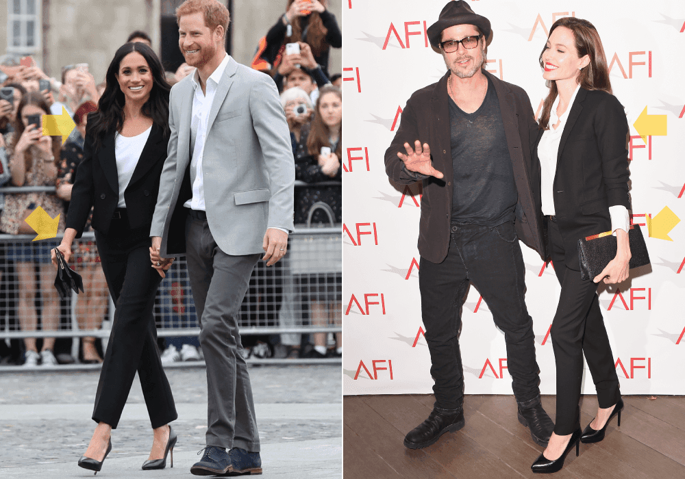 <b>POWER SUIT: Angelina 2015 / Meghan 2018</b>
<br>Desde hace años, Angelina Jolie ha mandado un poderoso mensaje con sus trajes de pantalón como este que usó en enero de 2015. En julio de 2018, Meghan repitió la fórmula con un traje negro de pantalón y pumps,
<a href="https://www.univision.com/estilo-de-vida/moda/meghan-markle-se-puso-los-pantalones-literal-una-rareza-en-la-monarquia-aunque-hay-otros-casos-fotos"><u>una rara elección</u></a> en el mundo de la realeza que pareció mandar un velado mensaje de empoderamiento femenino.