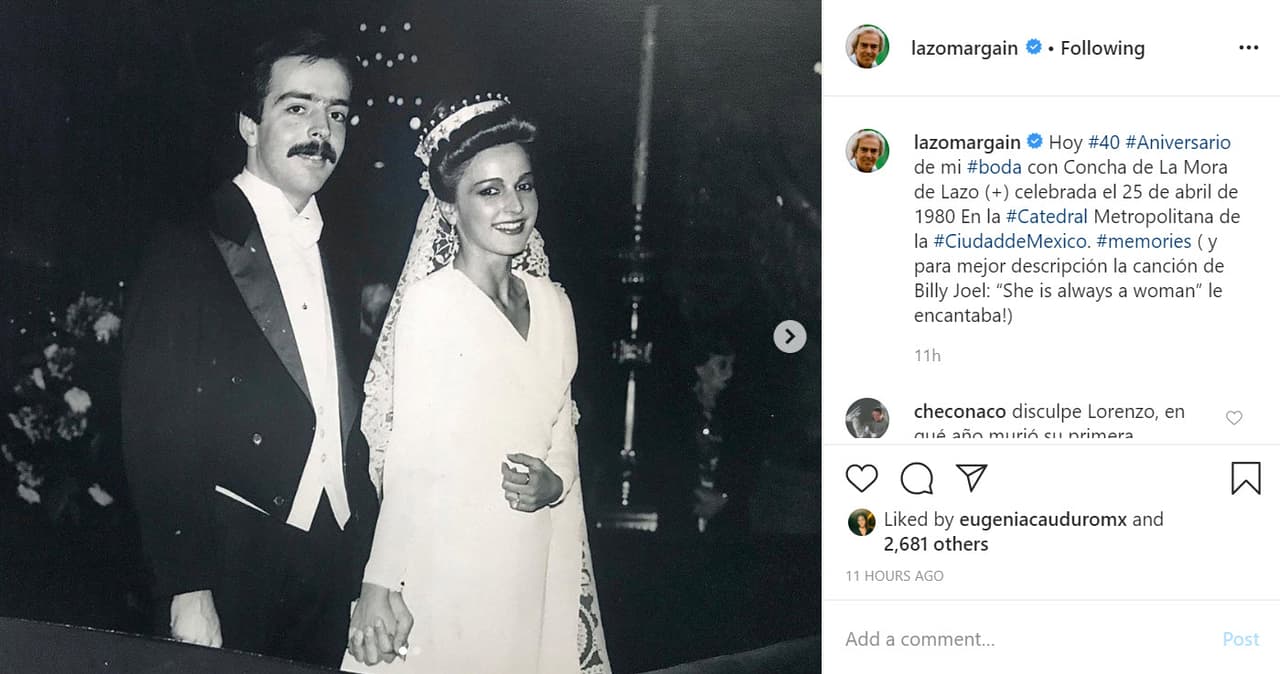 La noche del sábado 25 de abril, el economista recordó a la madre de su hija Lorenza con 
<b><a href="https://www.instagram.com/p/B_bObb6Hlg2/" target="_blank">un par de fotos</a></b>. Una de ellas fue justo el día en que se casaron, hace 40 años. 
<br>