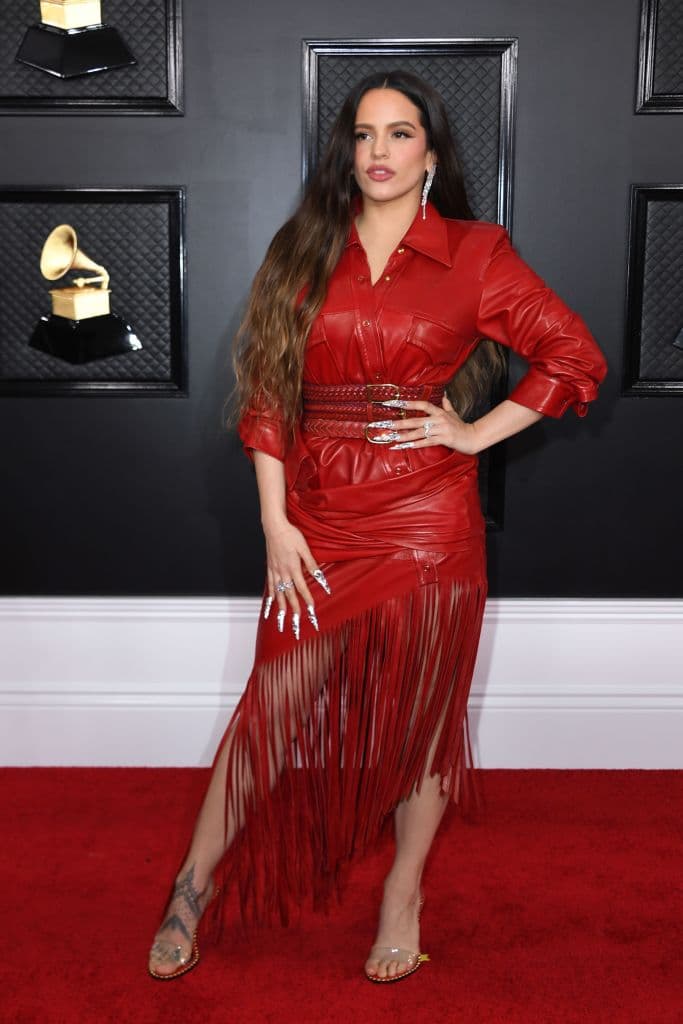 Otra 'red carpet' que la española conquistó fue en Los Ángeles, durante la 62° edición de los Grammy. Rosalía presumió un vestido de cuero diseñado por Alexander Wang con aires setenteros.