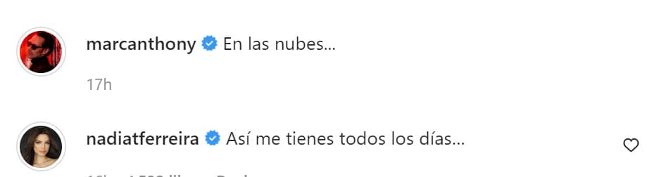 Así se evidenció con este mensaje que ella le dejó en Instagram en la foto que el cantante publicó con ella desde el avión: 
<b>"Así me tienes todos los días"</b>, escribió la modelo al referirse que ella se siente "en las nubes" con él. 
<br>