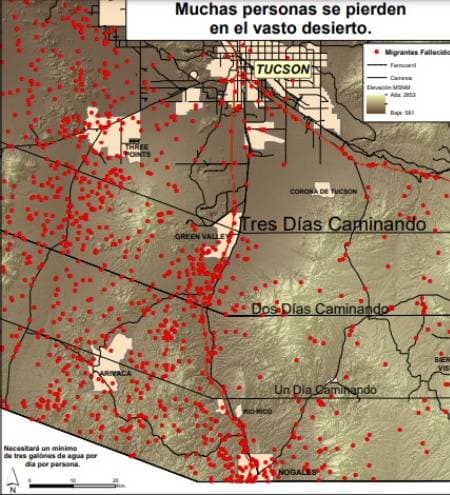 El afiche colocado en Nogales para advertir a los migrantes.