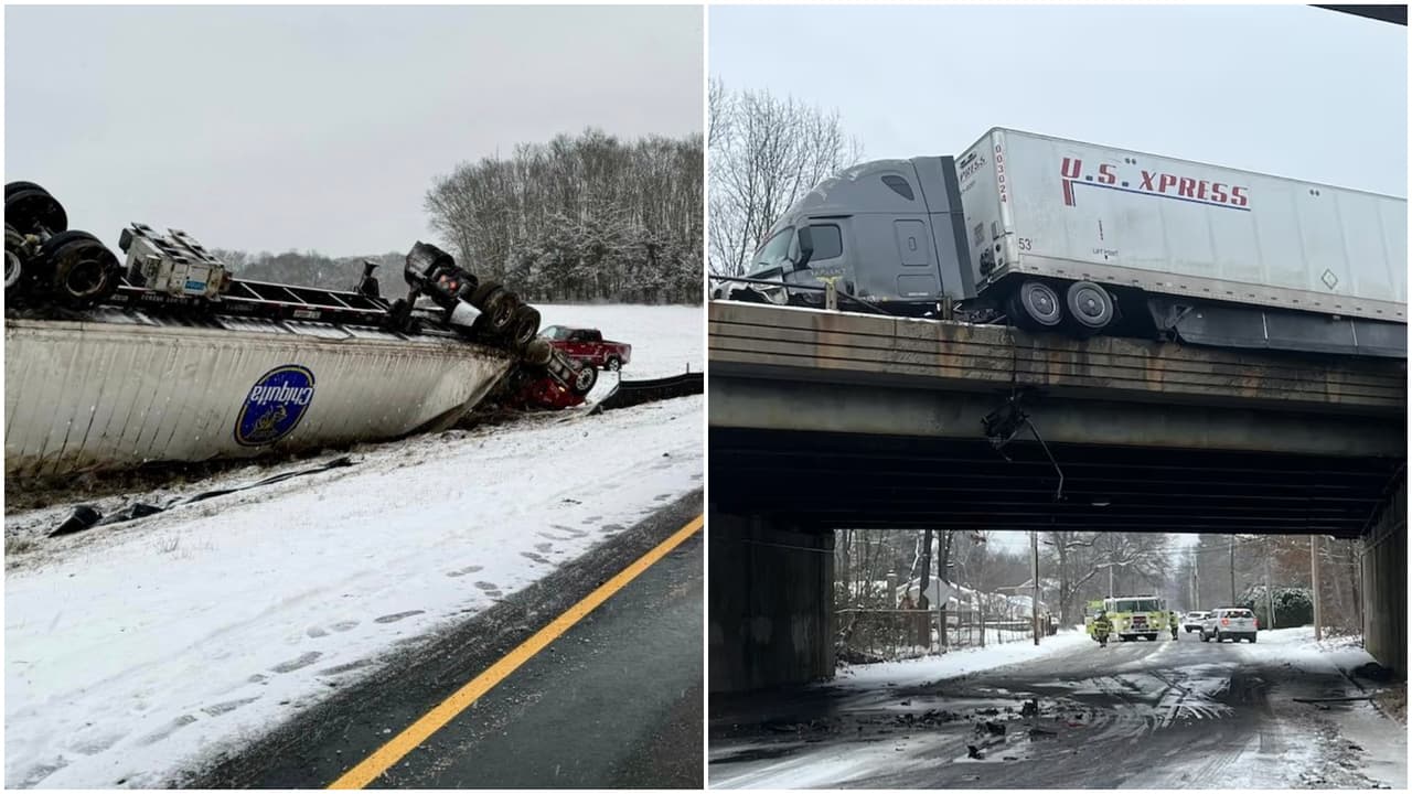 Camión con remolque se vuelca en la I-95 de Connecticut y otro queda colgando en la I-91