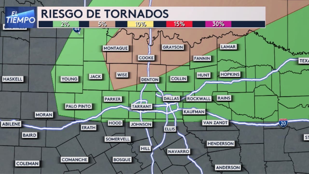 Las 
<b>tormentas fuertes podrían traer el riesgo de granizo </b>y viento con la posibilidad muy baja de tornados principalmente para partes de los condados Montague Cook, Denton, Wise, Grayson y Fannin.