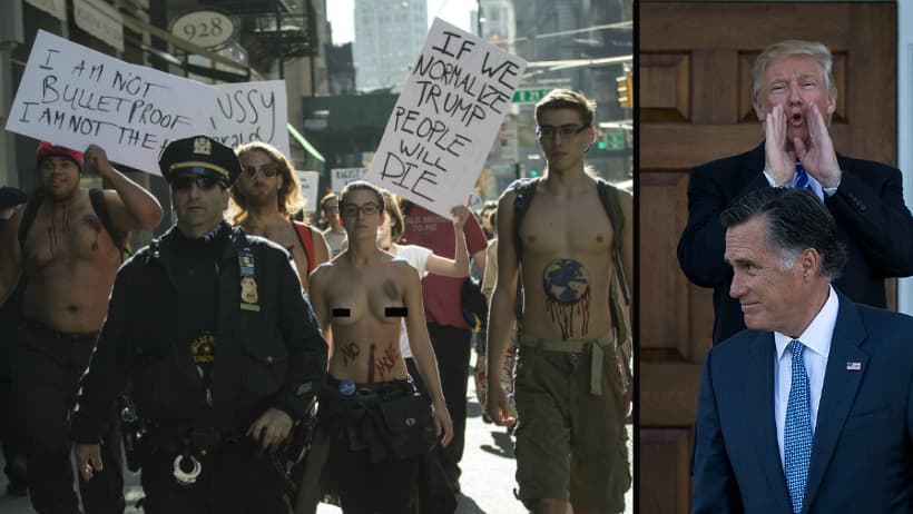 A la izquierda, un grupo que partió temprano el sábado hacia la Torre Trump en Manhattan, expresando mensajes a través de su cuerpo sobre los posibles peligros que enfrenta el país bajo la presidencia de Donald Trump. A la derecha, el Presidente electo tras su encuentro en Nueva Jersey con Mitt Romney.