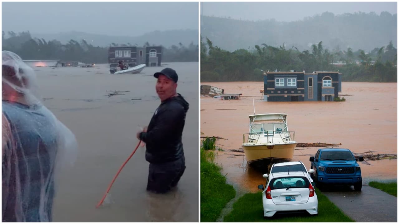 Vecinos rescatan a familia atrapada en una casa inundada por el paso de Fiona en Puerto Rico