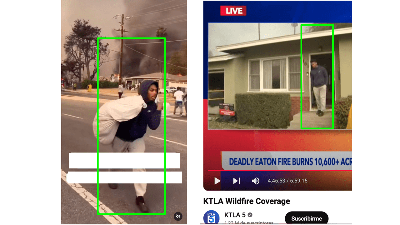 Foto 2. Del lado derecho se ve al hombre vestido con sudadera azul y tenis negros en el video viral, del lado izquierdo aparece el mismo hombre con el mismo atuendo en el reporte de KTLA 5.