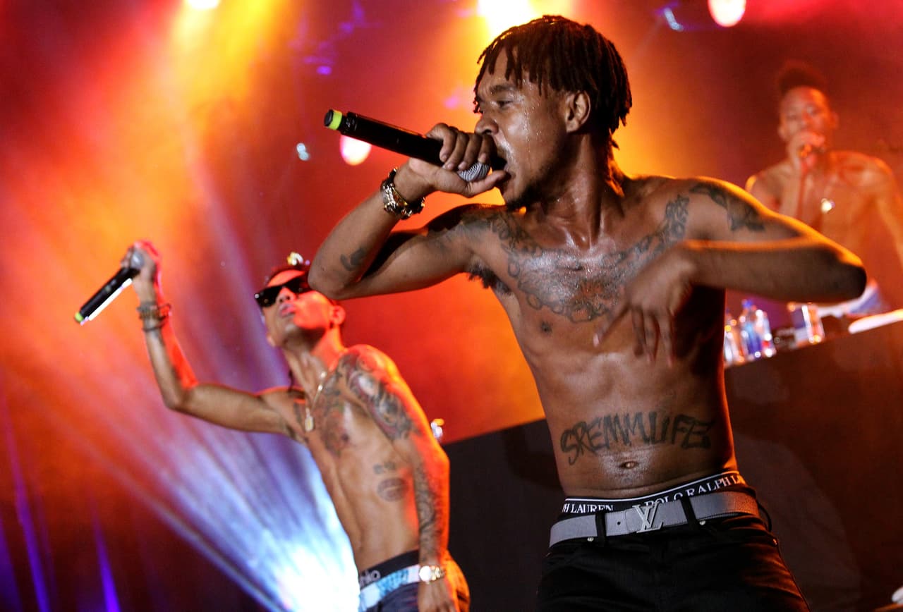 LOS ANGELES, CA - AUGUST 20: Slim Jimmy (L) and Swae Lee of Rae Sremmurd perform onstage at American Express UNSTAGED: Artists in Residence Concert with BORNS, Gavin James, Pia Mia and Rae Sremmurd at El Rey Theatre on August 20, 2015 in Los Angeles, California. (Photo by Tommaso Boddi/Getty Images for American Express)