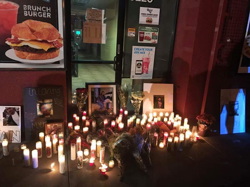 Afuera de un restaurante de comida rápida en El Monte se recuerda a Juan Vidal, de 25 años, baleado fatalmente el 21 de octubre de 2016.