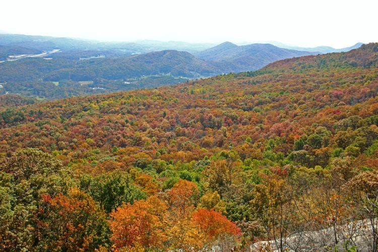 <b>Tennessee Rock Trail</b>: Camina por Black Rock Mountain, el parque estatal de mayor elevación de Georgia, para ver el color de las hojas de principios de la temporada en las elevaciones del parque, llega hasta el mirador de Tennessee Rock para disfrutar de las vistas de los picos circundantes en tonos otoñales.