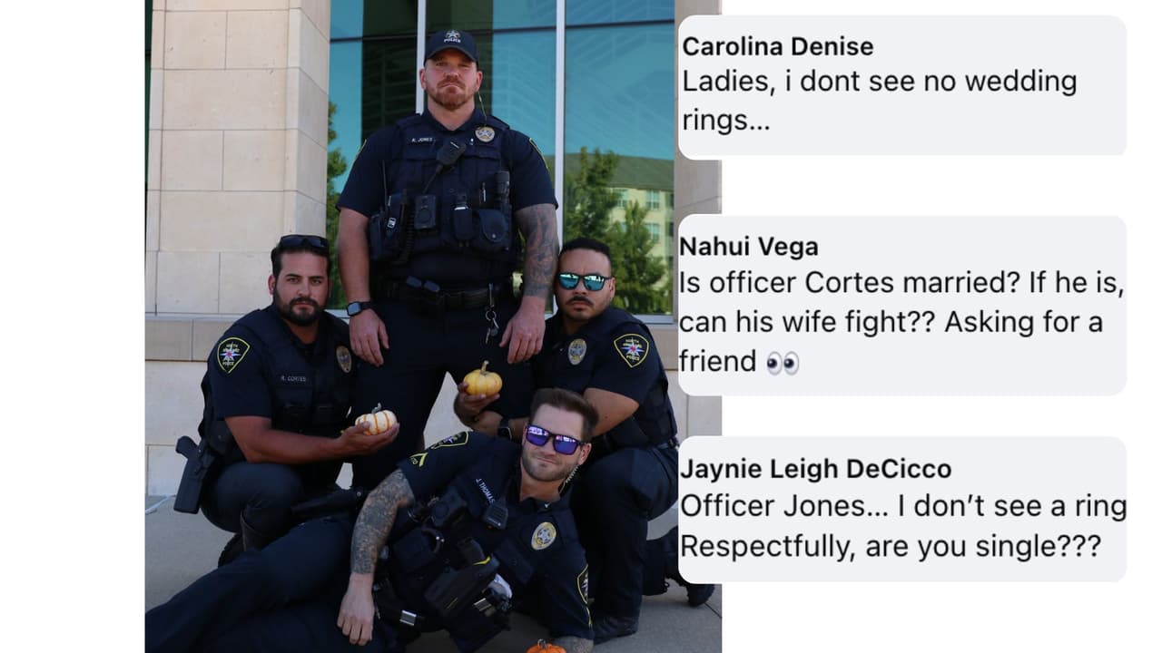 Otras no se fijaron tanto en las pequeñas calabazas, sino que su atención la captó otro aspecto.
<b> “Chicas, No veo ningún anillo de matrimonio”,</b> escribió Carolina Denis. Unas más atrevidas como Jaynue Leigh preguntaron:
<b>Oficial Jones con todo respeto ¿Está usted soltero?</b>
<br>