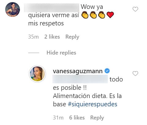 También la felicitaron por su disciplina y trató de alentar a sus seguidores de que la "alimentación y dieta es la base" para lograr un cuepo como el suyo.
<br>