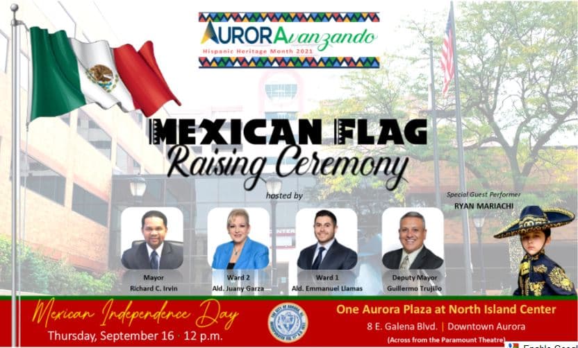 <h3 class="cms-H3-H3">Celebrando el Día de la Independencia de México</h3>
<br>La concejal Juany Garza, el concejal del distrito 1 Emmanuel Llamas y el vicealcalde Guillermo Trujillo estarán acompañados por el alcalde Richard C Irvin para honrar el Día de la Independencia de México el jueves 16 de septiembre con una ceremonia de izamiento de la bandera mexicana. El evento comenzará al mediodía en la plaza en North Island Center, 8 E. Galena Blvd.
