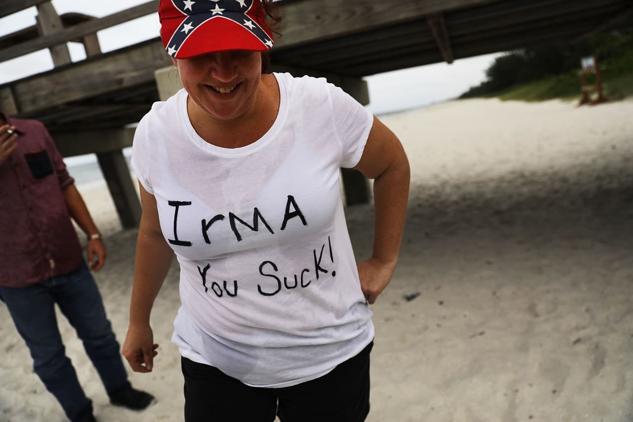 "Irma you suck!" Univision News reporter Damià Bonmatí arrived on Naples Beach on Saturday and said many cars were fleeing from Naples to Miami on the highway.