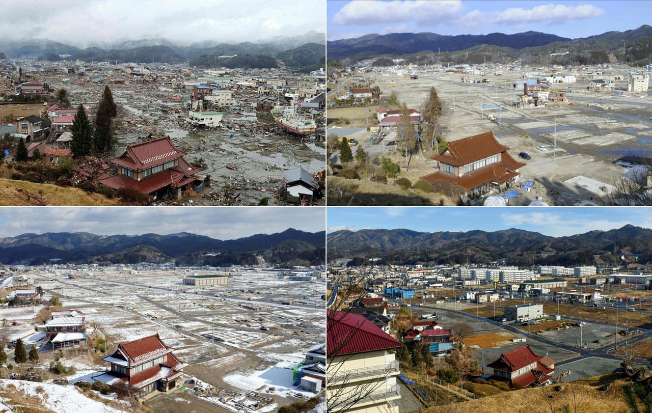 Kesennuma, prefectura Miyagi. Arriba y a la izquierda, 16 de marzo de 2011; arriba a la derecha, enero de 2012; abajo a la izquierda, febrero de 2013 y abajo a la derecha, 27 de enero de 2021.