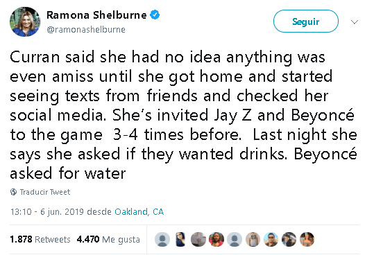 “Curran dijo que 
<b><a href="https://twitter.com/ramonashelburne/status/1136696866920255488" target="_blank">no tenía ni idea</a></b> de que nada estaba mal hasta que llegó a casa y comenzó a ver textos de amigos y revisó sus redes sociales”.