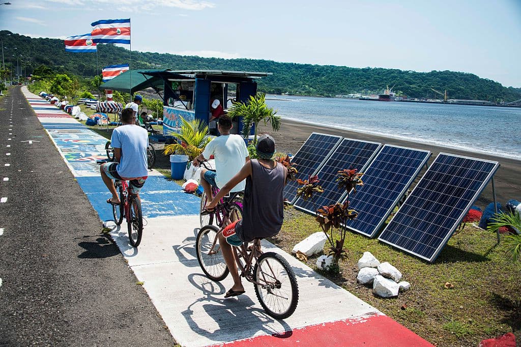 View of the Churchill Mamiche ice-cream parlour on October 31, 2015, in Caldera, Puntarenas, 80 km southwest of San Jose. The Churchill Mamiche ice-cream parlour is entirely powered --day and night-- by solar panels. By means of energy generated by its rivers, volcanos, wind and sun, Costa Rica aims to get this year up to 97.1 % of its electricity from renewable sources. AFP PHOTO / Ezequiel BECERRA (Photo credit should read EZEQUIEL BECERRA/AFP/Getty Images)
