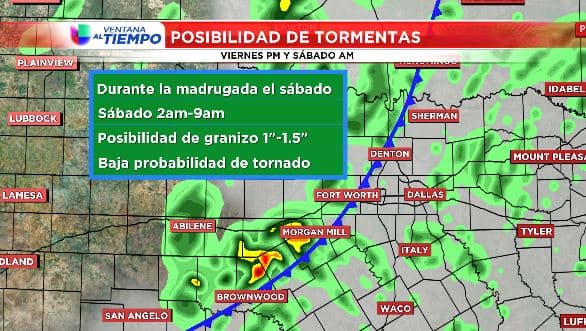 La línea principal pasará del oeste hacia el este sobre el norte de Texas entre las 2am-9am. (El Metroplex 5am-8am) En cuanto a zona de riesgo elevado, el Centro de Predicciones de Tormentas ha emitido riesgo “ligero” para el norte de Texas.