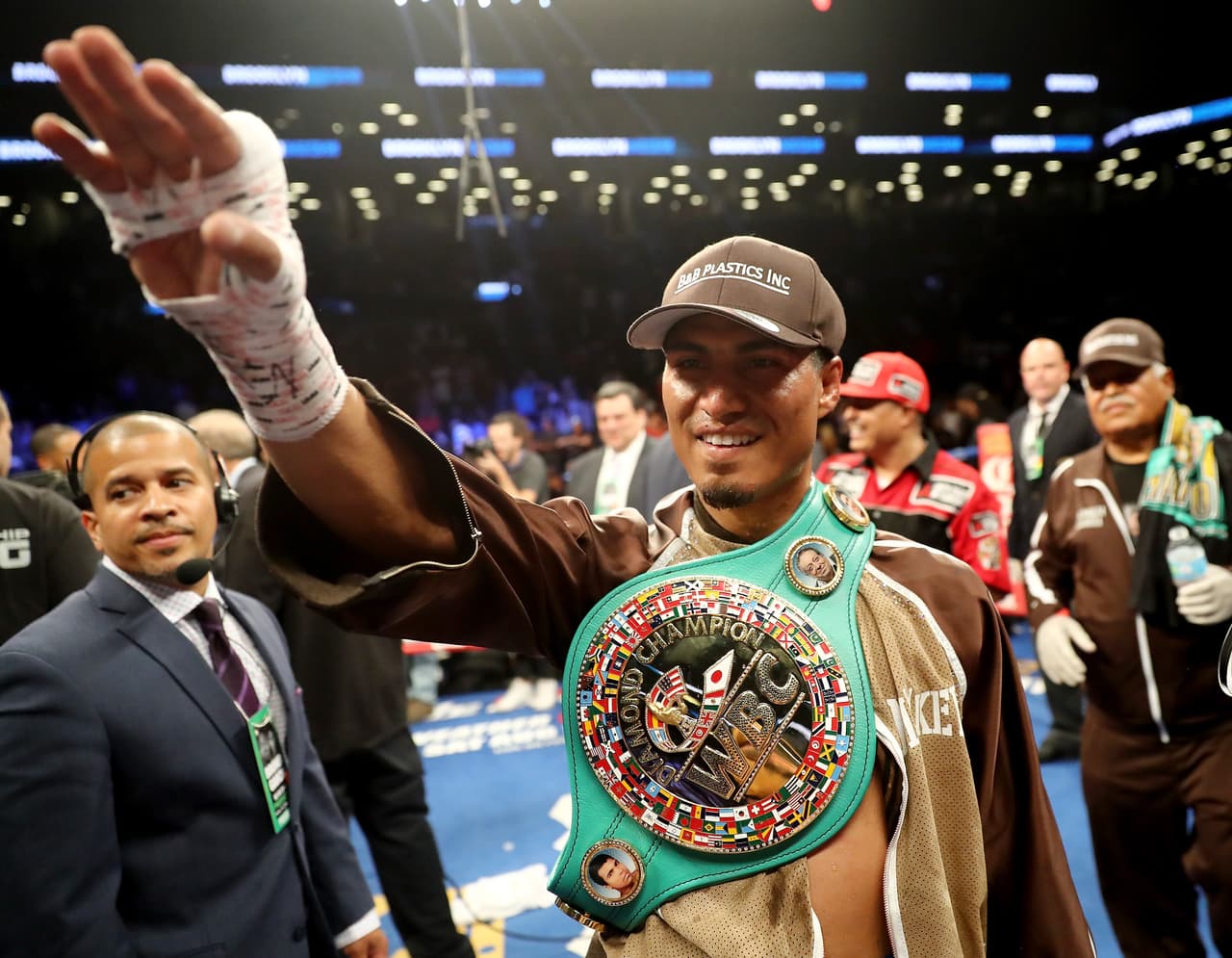BROOKLYN, NY - JULY 29: Mikey Garcia celebrates his win over Adrien Broner during their Junior Welterwight bout on July 29, 2017 at the Barclays Center in the Brooklyn borough of New York City. (Photo by Elsa/Getty Images)