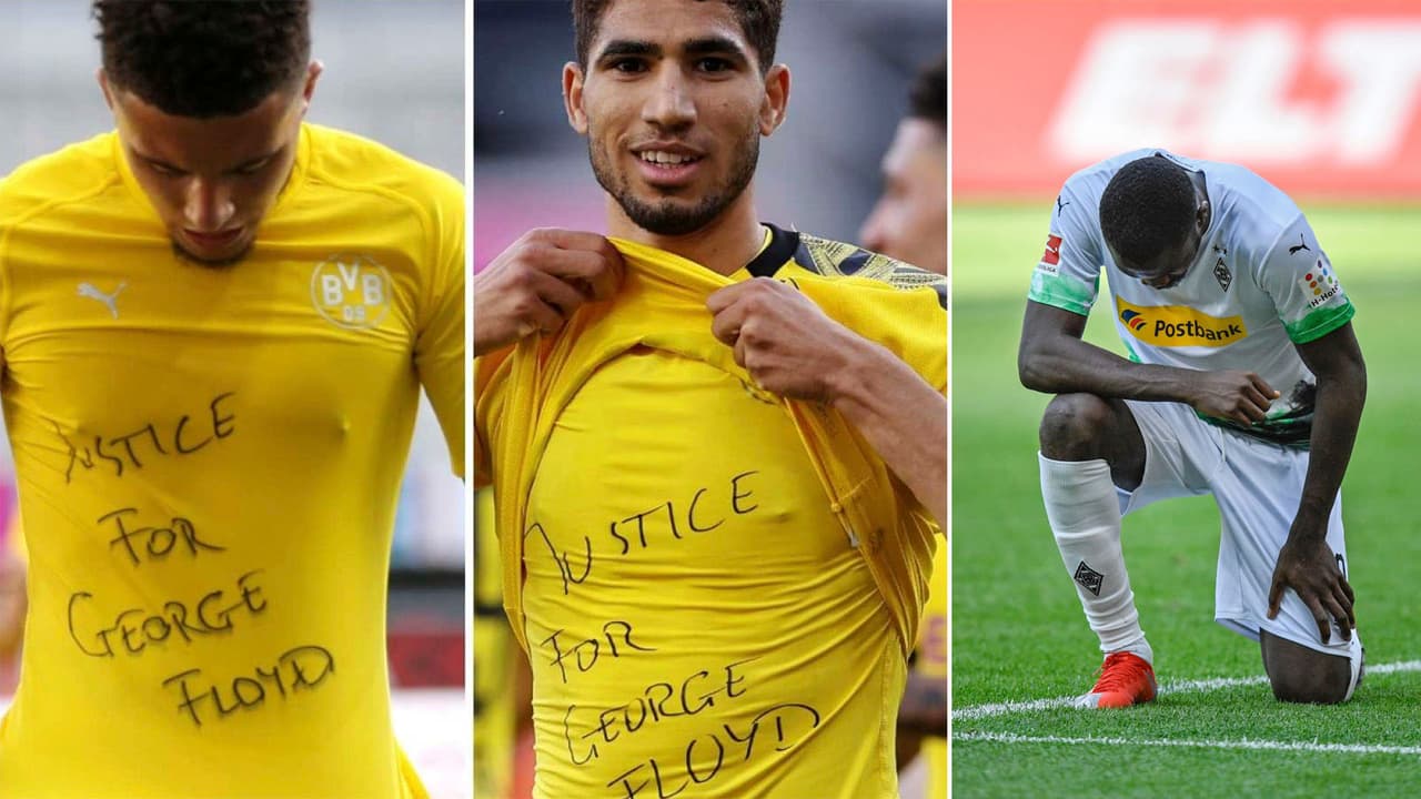 Los jugadores de fútbol 
<b>Jadon Sancho</b> y 
<b>Achraf Hakimi,</b> celebran sus goles en el campeonato alemán pidiendo justicia por George Floyd, mientras que 
<b>Marcus Thuram</b> del Gladbach se arrodilló en forma de protesta.