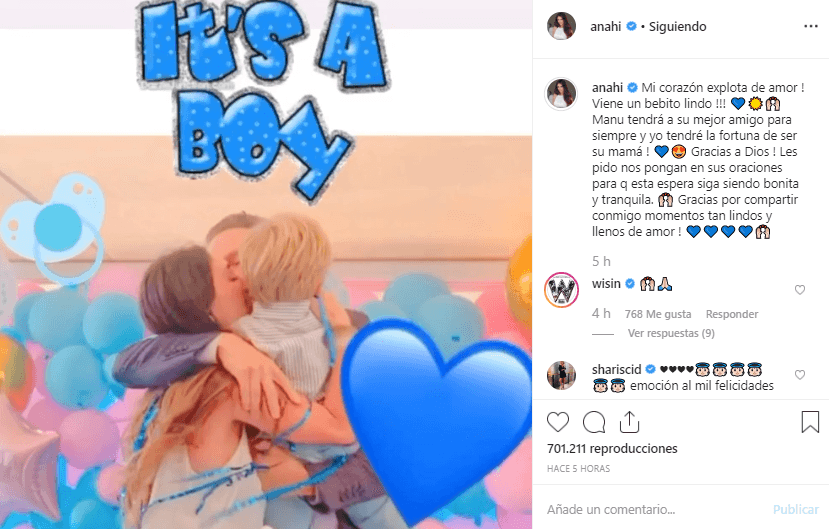 Anahí publicó una imagen en Instagram junto a su esposo, el político mexicano Manuel Velasco, y su hijo 'Manu' con la leyenda "es un niño".