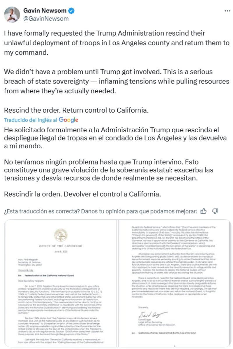 La legalidad del despliegue genera debate, pues no se invocó la Ley de Insurrección ni se contó con el aval del gobernador.