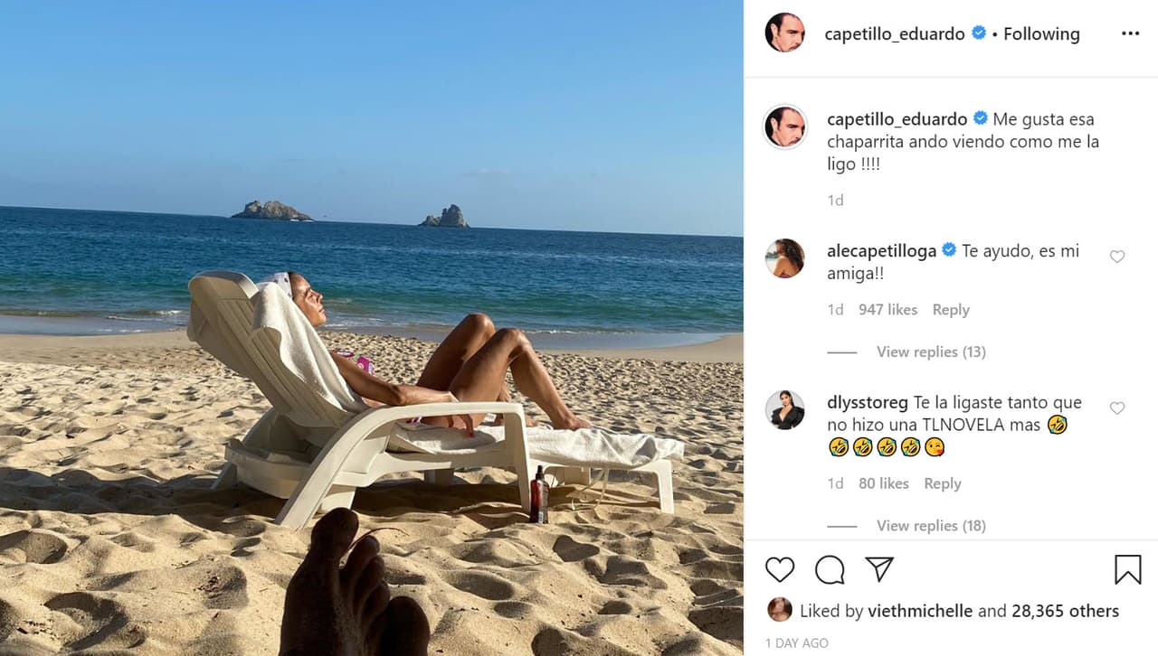 Al pie de 
<b><a href="https://www.instagram.com/p/B9DONaHAGq4/" target="_blank">esta foto</a>, </b>en la que se ve a Biby Gaytán tomando el sol, el actor escribió: "Me gusta esa chaparrita, 
<b><a href="https://www.univision.com/famosos/eduardo-capetillo-se-jacta-de-poner-nerviosa-a-biby-gaytan-a-27-anos-del-si-acepto-fotos" target="_blank">¡ando viendo cómo me la ligo!</a></b>".
<br>