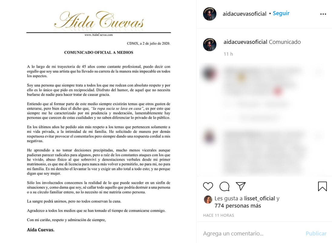 Por su parte, Aída Cuevas publicó un comunicado la mañana de este 2 de julio en sus redes sociales, donde sin mencionar detalles del conflicto, 
<b>da su postura sobre la polémica que la rodea.</b>
<br>