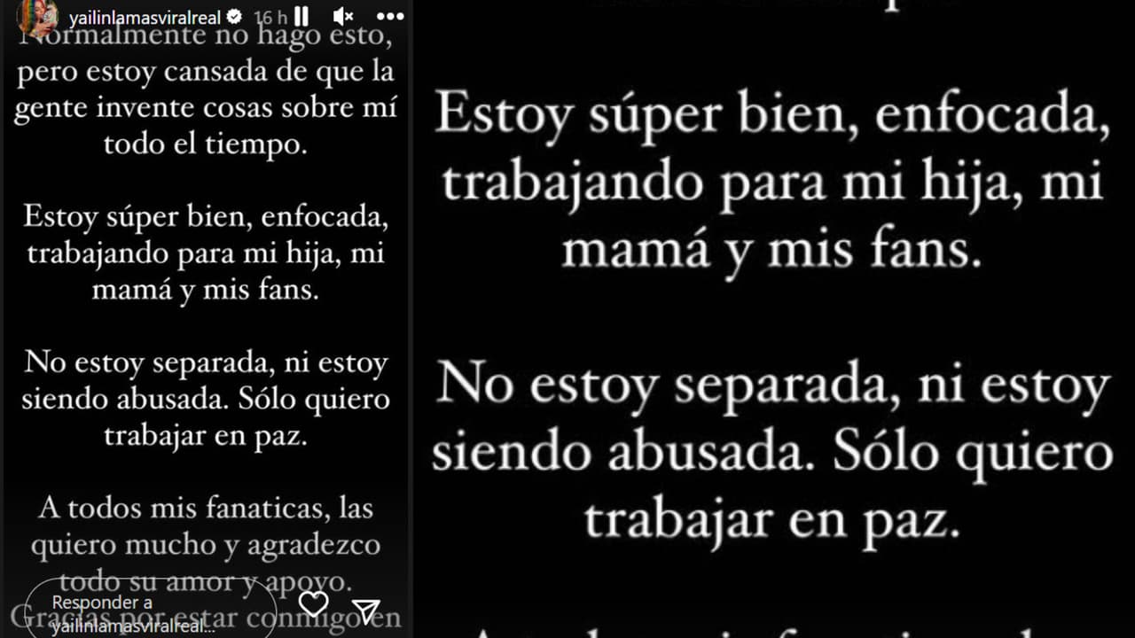 Yailin emitió esta publicación en Instagram en la que asegura estar "bien" y "no estar siendo abusada" tras supuesta golpiza por parte de Tekashi.