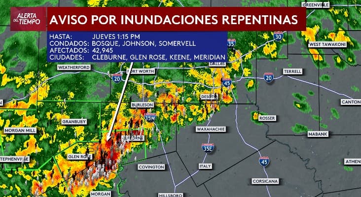 Hay un Aviso por Inundaciones Repentinas para las ciuades de Cleburne, Glen Rose, Keene y Meridian hasta la 1:15pm.