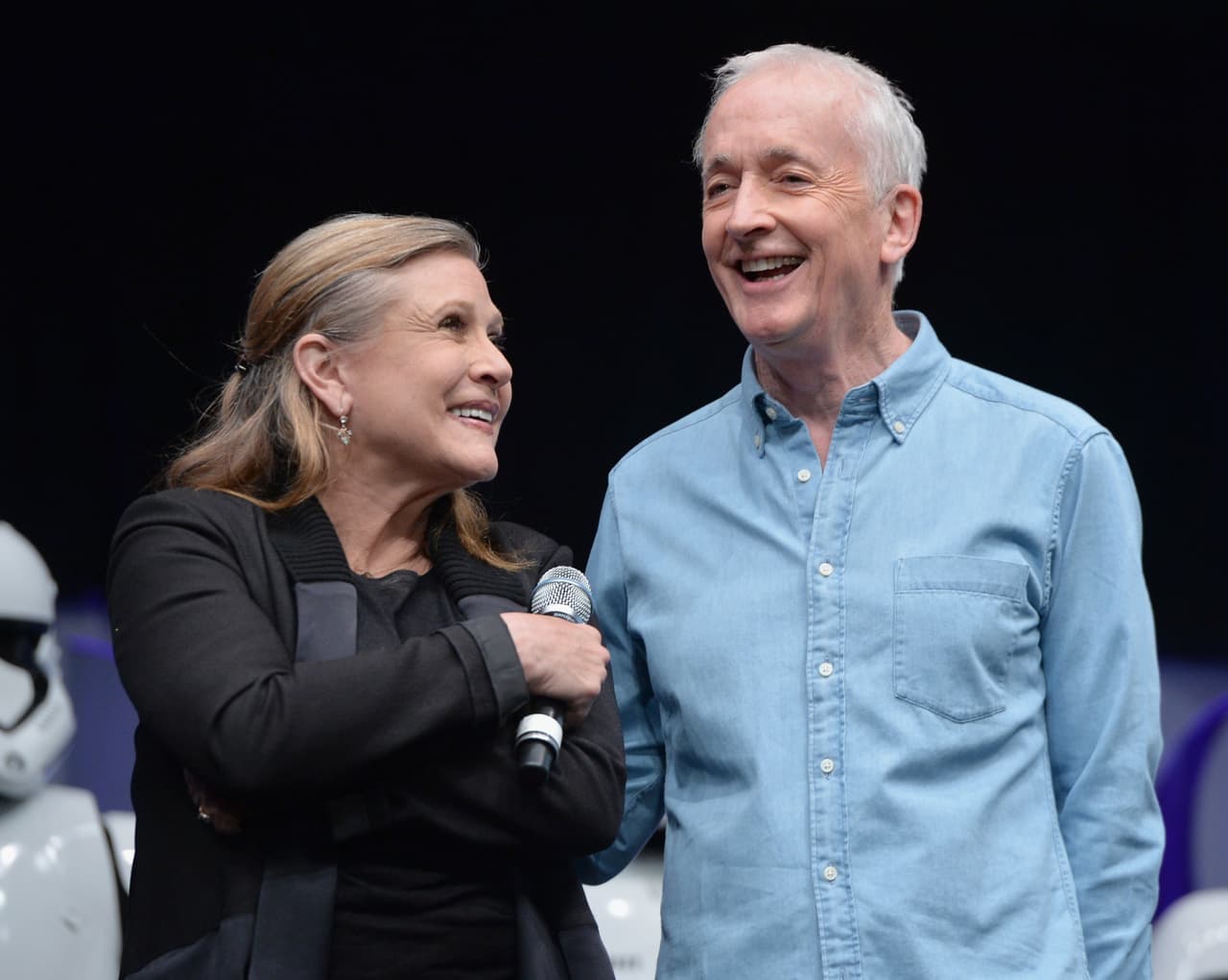 ANAHEIM, CA - APRIL 16: Actors Carrie Fisher (L) and Anthony Daniels speak onstage during Star Wars Celebration 2015 on April 16, 2015 in Anaheim, California. (Photo by Alberto E. Rodriguez/Getty Images for Disney)