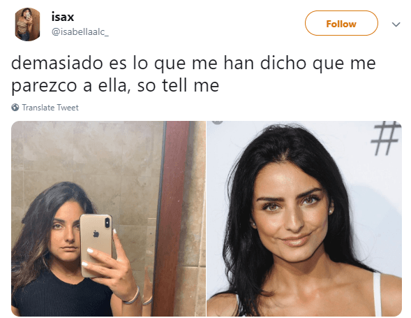 La usuaria de nombre 'Isabellaalc', publicó una fotografía donde compara su físico con el de Aislinn Derbez. Junto al texto escriibó: "Demasiado es lo que me han dicho que me parezco a ella"