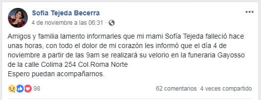 La hija de la actriz compartió la triste noticia a través de la cuenta de Facebook de su mamá e informó que sería velada el 4 de noviembre en la Ciudad de México.