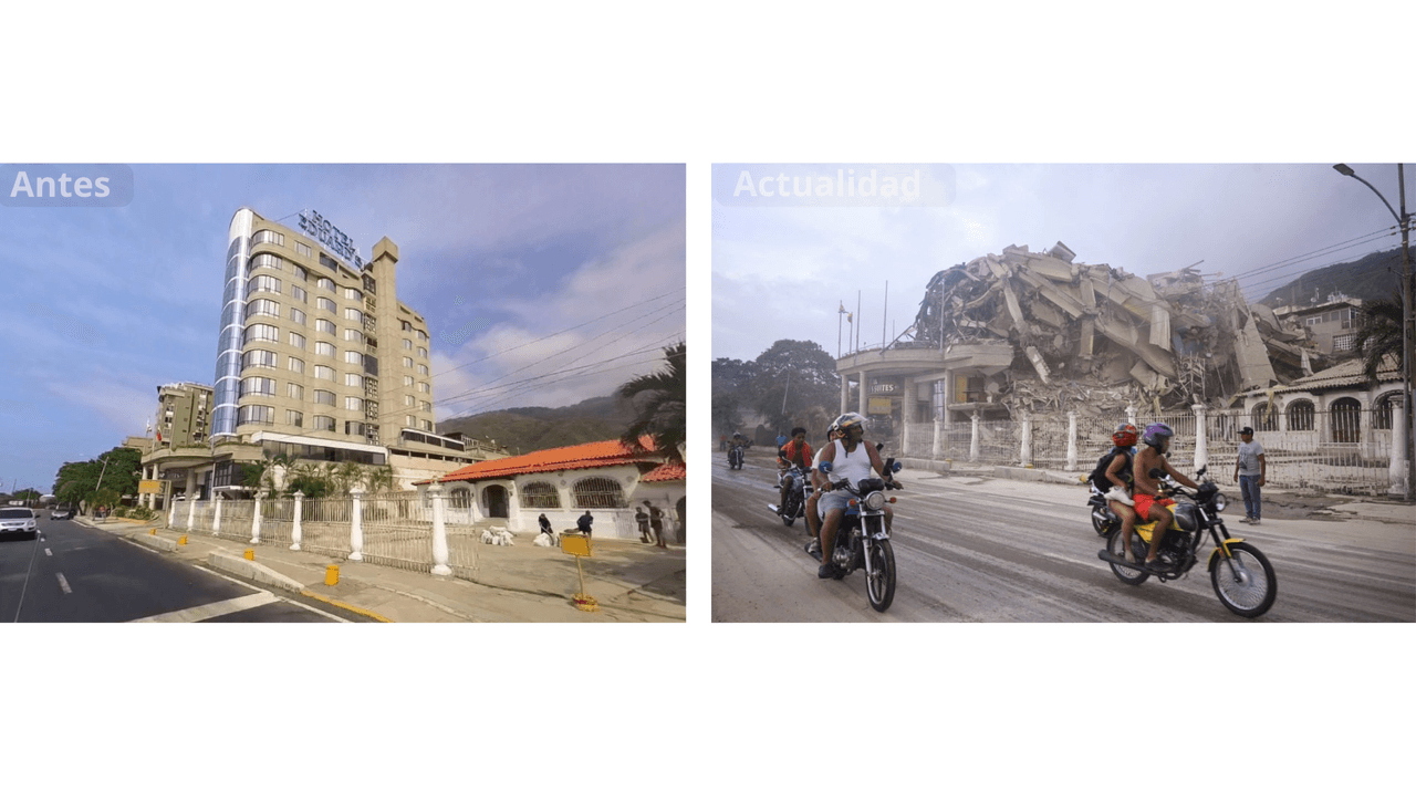 Un hotel en el estado de La Guaira, Venezuela, tras los terremotos. Antes: Google Maps Street View; Actualidad: Maxwell Briceno/Reuters.