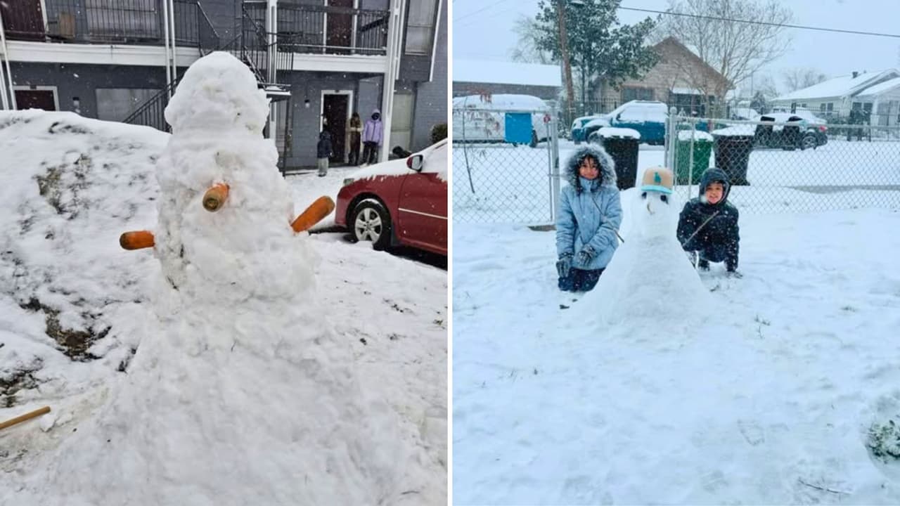 En Town Park Dr, Houston, Víctor Alexander aprende a hacer sus primeros muñecos de nieve, mientras que los hijos de Karen Janeth Castro demuestran que ya dominan el arte de construirlos. 
<i>¡La nieve saca el artista en todos!</i>