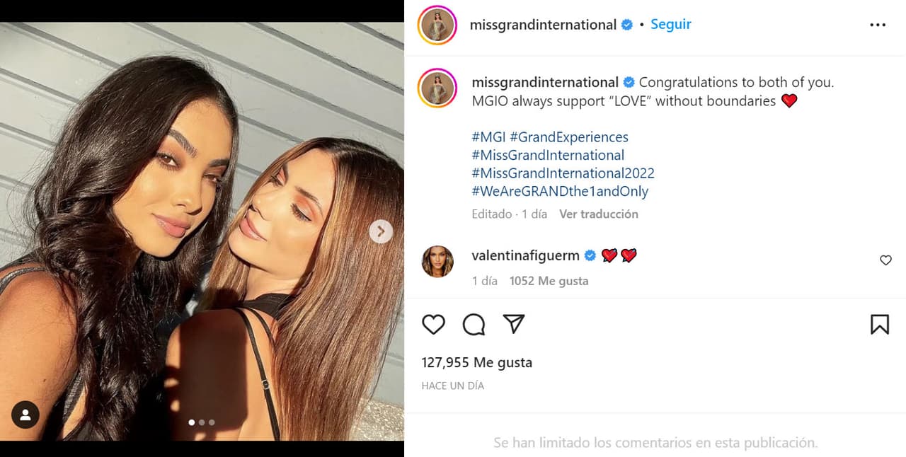 "Felicidades a ambas. Miss Grand International
<b> siempre apoya el 'amor' sin límites</b>", se lee en la publicación que le dedicaron a la pareja.
<br>
